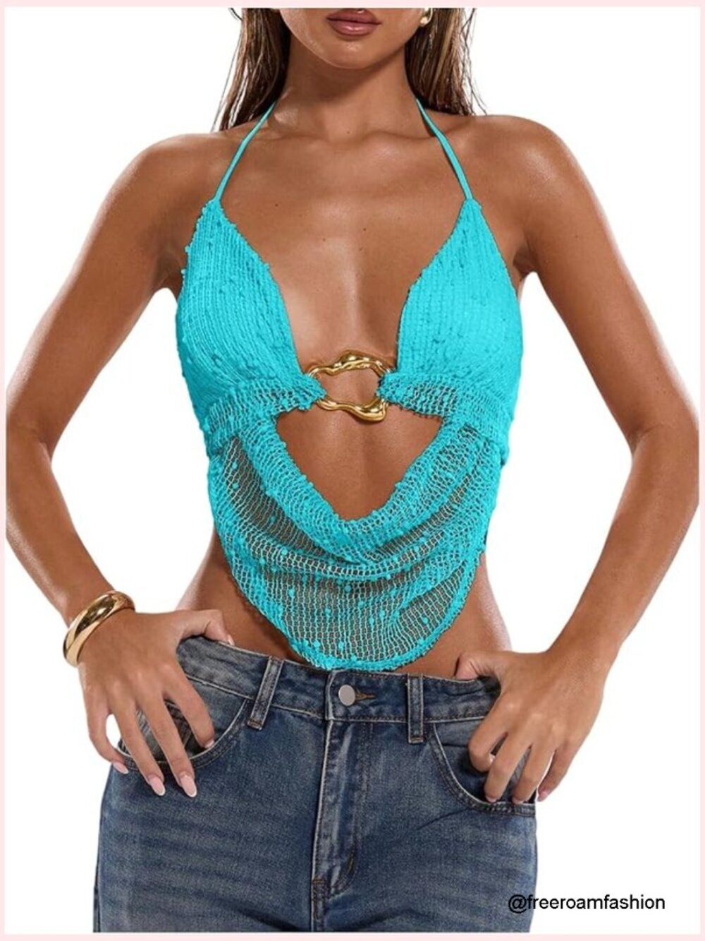 Summer Crochet Halter Tank Top Open Back Draped Front